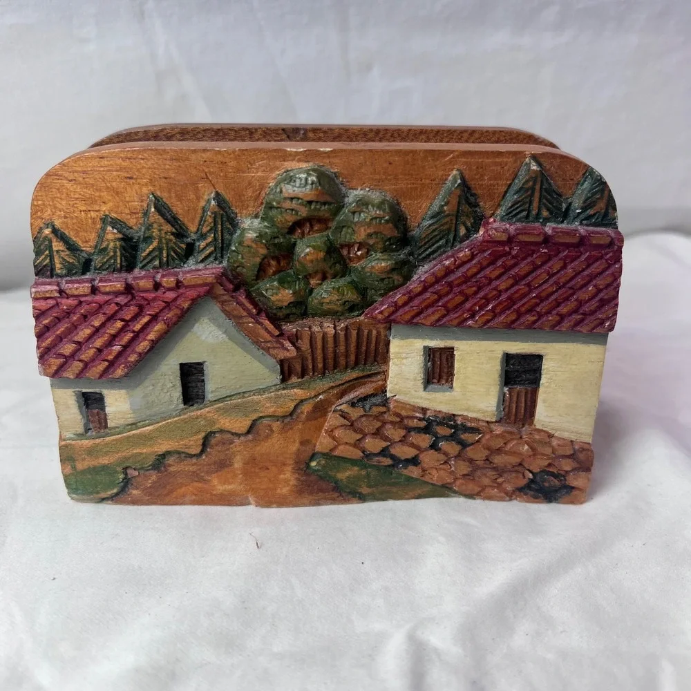 Vintage Hand Carved Wood Village Napkin Holder Letter Organizer Folk Art 6x4